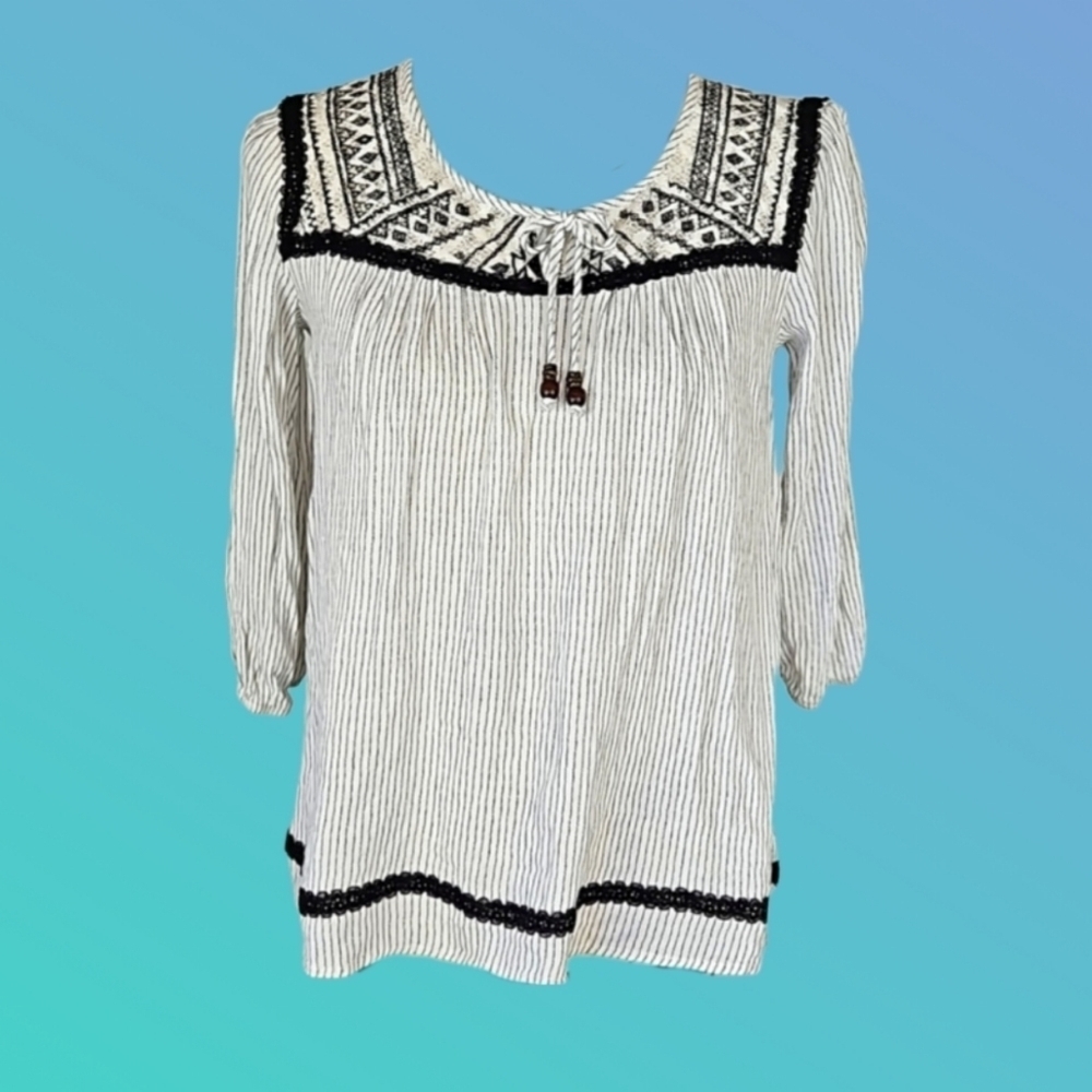 Women's Bohemian Southwestern Knit Top Striped 3/4 Sleeve Black White Striped, S